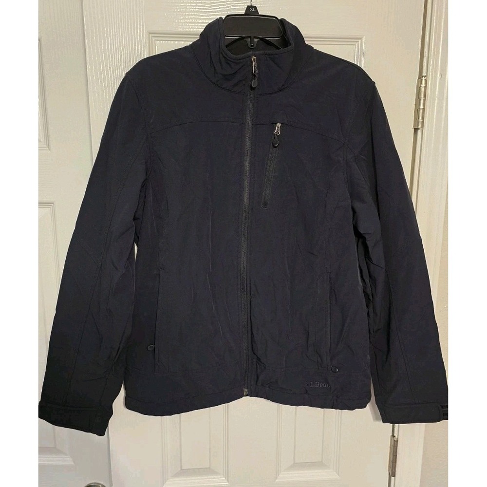 LL Bean Mens LARGE Jacket Soft Shell Full Zip Black 3 Pockets Nylon Spellout